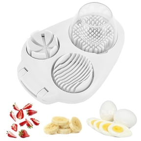 PurePick Egg Slicer for Hard Boiled Eggs, 3-in-1 Stainless Steel Egg Cutter and Fruit Slicer for Strawberry, Banana and Kiwi, White