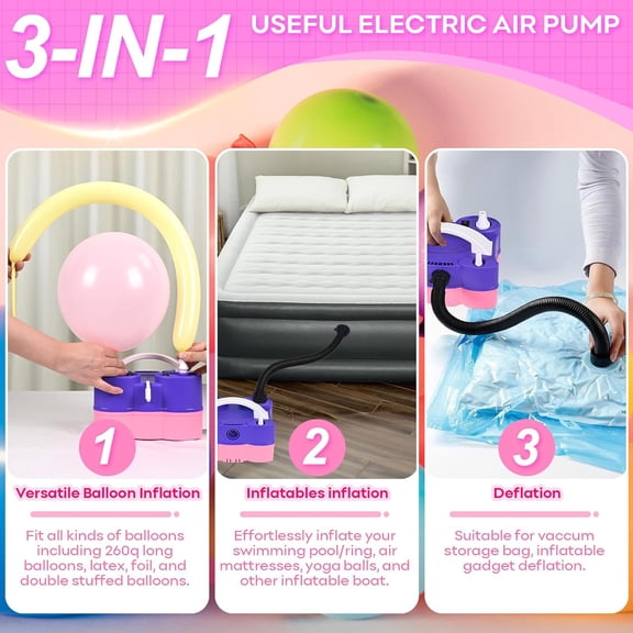 3-in-1 Electric Balloon Pump with 5 Nozzles for All Balloons and Inflatables, Dual Motor Portable Blower for Party Decorations