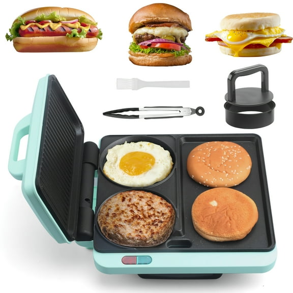 3-in-1 Electric Breakfast Sandwich Maker & Griddle, Non-Stick Burger Press, Aqua