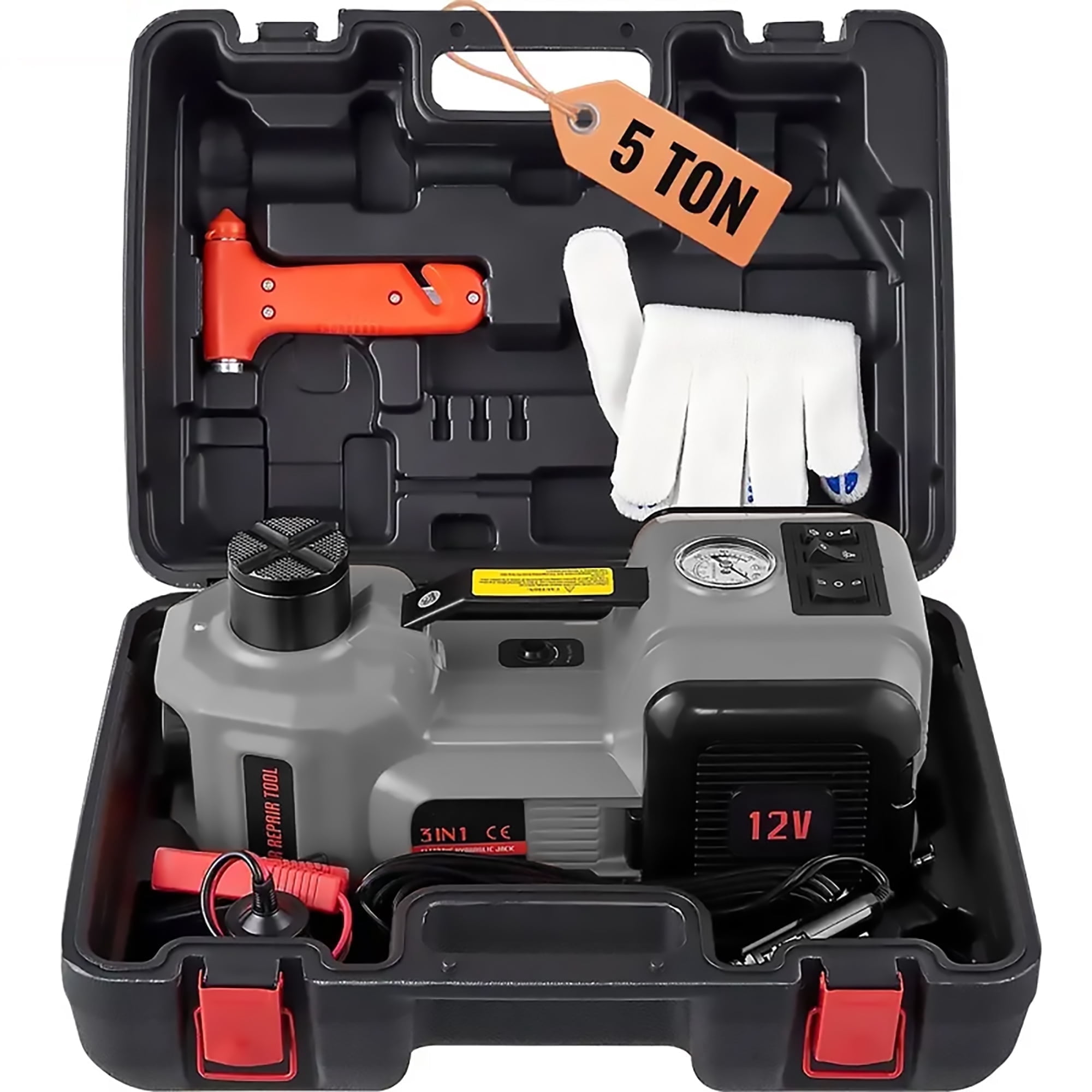 SZTAA 3-in-1 Electric Car Jack Kit with Air Compressor Emergency Hammer – 5-Ton Hydraulic Lift, Tire Jack，Tire Repair,Tire Change Sedan SUV MPV Truck