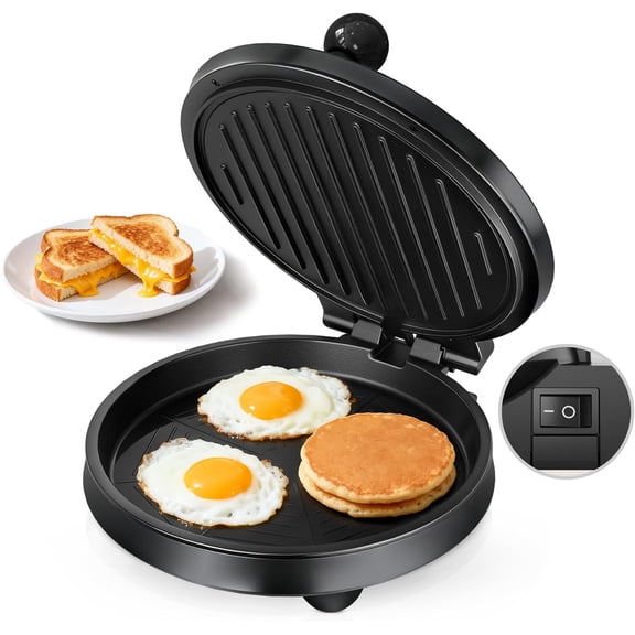 3-in-1 Electric Griddle & Panini Press - 8" Nonstick Round Griddle and Sandwich Press with On/Off Switch, 180 Open Design, Perfect for Pancakes, Omelettes, Quesadillas, Veggies (Black)