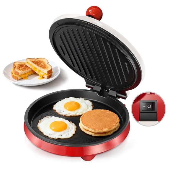 3-in-1 Electric Griddle & Panini Press - CACHOO 8" Nonstick Round Griddle and Sandwich Press with On/Off Switch, 180 Open Design, Perfect for Pancakes, Omelettes, Quesadillas, Veggies (Red/Beige)