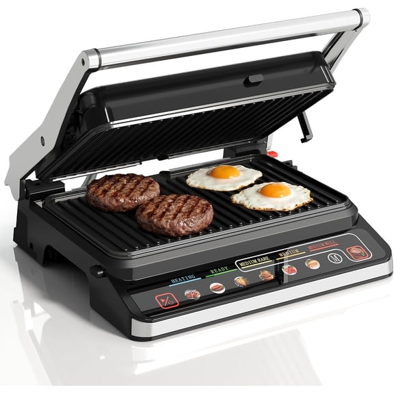 3-in-1 Electric Grill Indoor, Press & Sandwich Maker with Removable Plates, 1600W, 8 Cooking Modes, 180? Flat Opening, Adjustable Temp, Ceramic Nonstick Dishwasher Safe, Stainless Steel