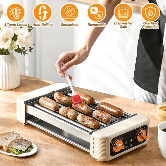 3-in-1 Electric Hot Dog Roller Grill Auto Rotating Sausage Cooker, Non-Stick Griddle Mesh 3 Temp Settings Smokeless Removable Drip Tray  for RV Dorm Kitchen