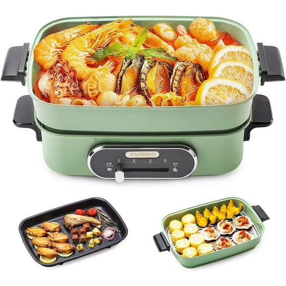 3-in-1 Electric Hot Pot, Multi-use Shabu Shabu Pot with Grill Pan & Steamer, Non-stick Ceramic Oil Coating, UL Listed, JD-HG9088G, Green