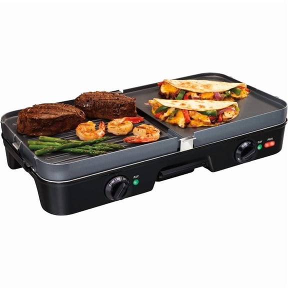 3-in-1 Electric Indoor Grill + Griddle, 8-Serving, Reversible Nonstick Plates, 2 Cooking Zones with Adjustable Temperature (38546), Black