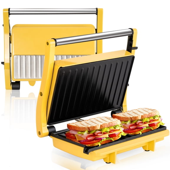 3-in-1 Electric Indoor Grill & Panini Press, 180 °   Flat Open Sandwich Maker with Non-Stick Plates, Floating Hinge & Removable Drip Tray for Steak Burger Breakfast