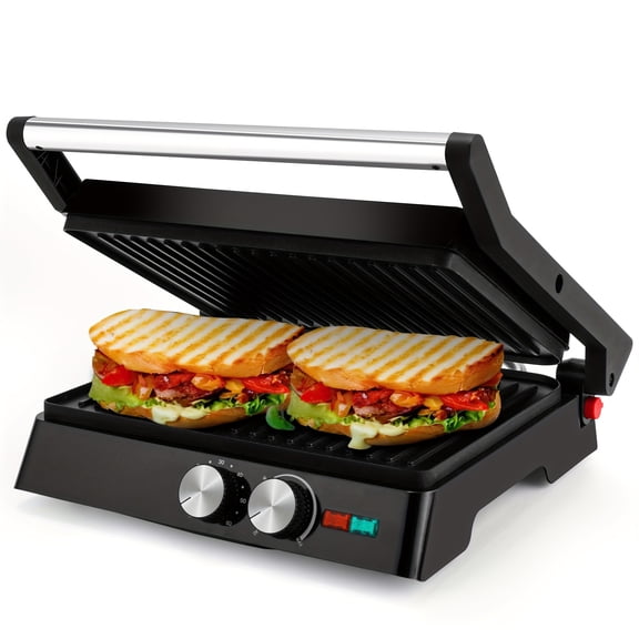 3-in-1 Electric Indoor Grill & Panini Press, Non-Stick Cooking Plates, 180° Openable Sandwich Maker, Floating Hinge, with Removable Grease Tray for Gourmet Cooking