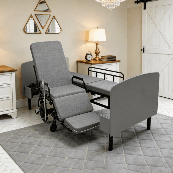 3-in-1 Electric Nursing Bed with OKIN Dual Motors, Convertible to Wheelchair & Stretcher, One-Touch Adjustment, Wired Remote Control, Safety Rails, Heavy-Duty Frame for Elderly Care