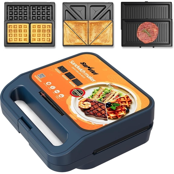 3 in 1 Electric Sandwich Maker with Removable Nonstick Plates - 1000W,Blue