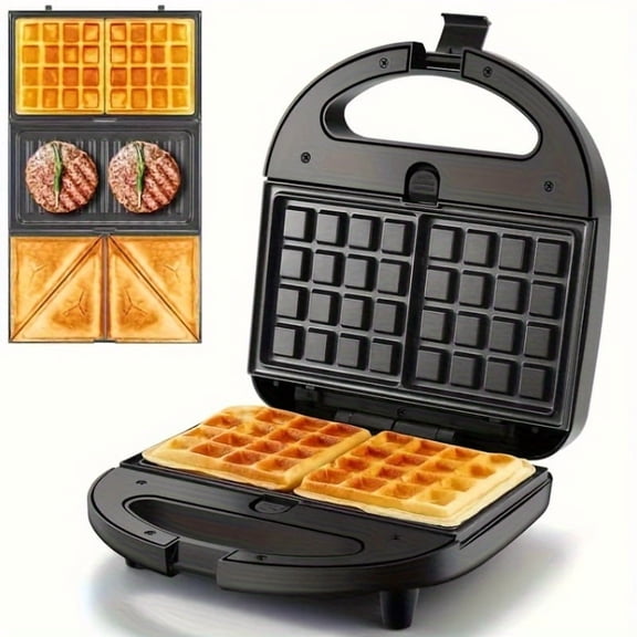 3-in-1 Electric Sandwich Press, Panini Grill, and Waffle Maker with Interchangeable Non-Stick Plates, Cool-Touch Handle for Easy Breakfast and Snack Cooking
