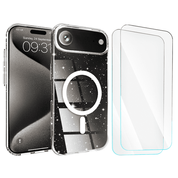 ENTRONIX 3-Piece Bundle for iPhone 17 Air with Magnetic Glitter Clear Case and 2 Screen Protector