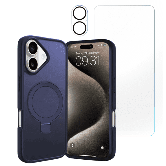 3-in-1 Entronix Bundle designed for iPhone 17, Magnetic Ring Case with Kickstand, Tempered Glass, Camera Lens