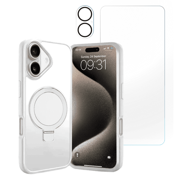 3-in-1 Entronix Bundle designed for iPhone 17, Magnetic Ring Case with Kickstand, Tempered Glass, Camera Lens