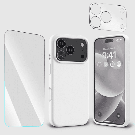 3-in-1 Entronix Bundle designed for iPhone 17 Pro Max, Liquid Silicone Case, Tempered Glass, Camera Lens