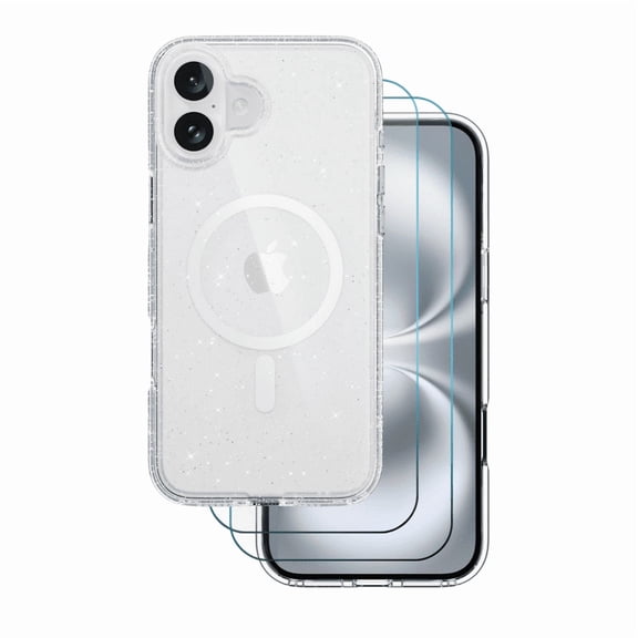 3-in-1 Entronix Bundle designed for iPhone 17, Sparkly Glitter Clear Magnetic Case and 2 Tempered Glass