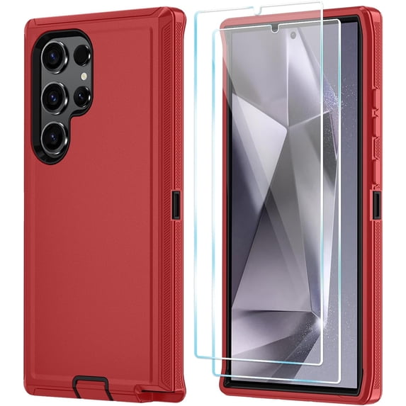 Entronix 3-in-1 Heavy Duty Case Compatible with Galaxy S25 Ultra with Screen Protector, Red