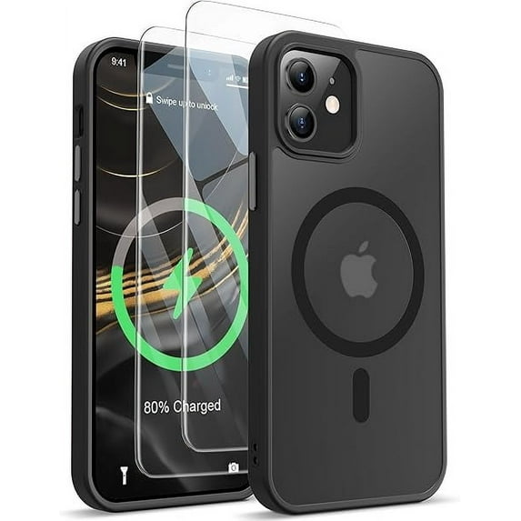 3-in-1 Entronix Bundle for iPhone 12/12 Pro, Magnetic Sturdy Matte Case 2 Screen Protector, Black