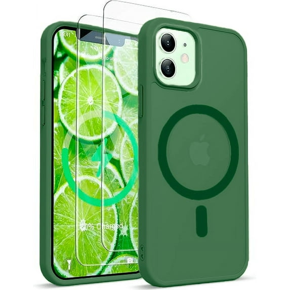 3-in-1 Entronix Bundle for iPhone 12/12 Pro, Magnetic Sturdy Matte Case 2 Screen Protector, Green