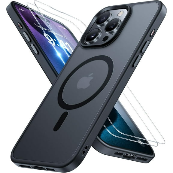 3-in-1 Entronix Bundle for iPhone 12 Pro Max, Magnetic Sturdy Matte Case 2 Screen Protector, Black