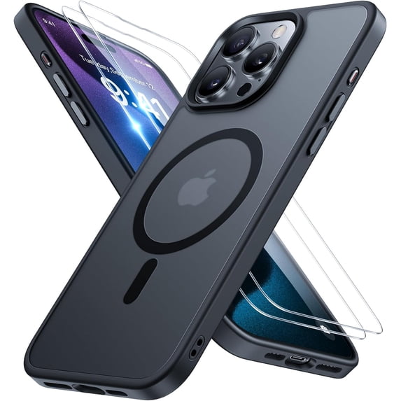 3-in-1 Entronix Bundle for iPhone 13 Pro, Magnetic Sturdy Matte Case 2 Screen Protector, Black
