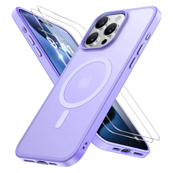 3-in-1 Entronix Bundle for iPhone 14 Pro, Magnetic Sturdy Matte Case 2 Screen Protector, Purple
