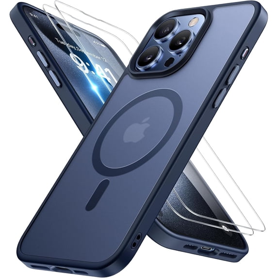 Entronix 3-in-1 Magnetic Matte Case Compatible with iPhone 15 Pro with Screen Protector, Navy Blue