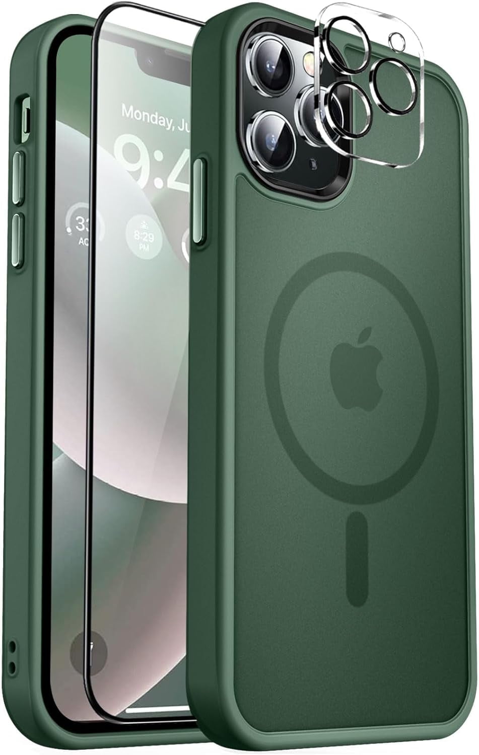 3-in-1 Entronix Bundle for iPhone 15 Pro Max, Magnetic Heavy Duty Frosted Case 1 Screen Protector 1 Camera Lens Protector, Green