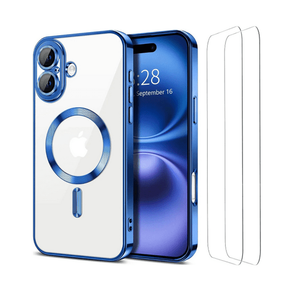 3-in-1 Entronix Bundle for iPhone 16, Glossy Magnetic Clear Case 2 Screen Protector, Blue
