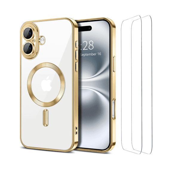Entronix 3-in-1 Magnetic Shiny Clear Case Compatible with iPhone 16 with Screen Protector, Gold