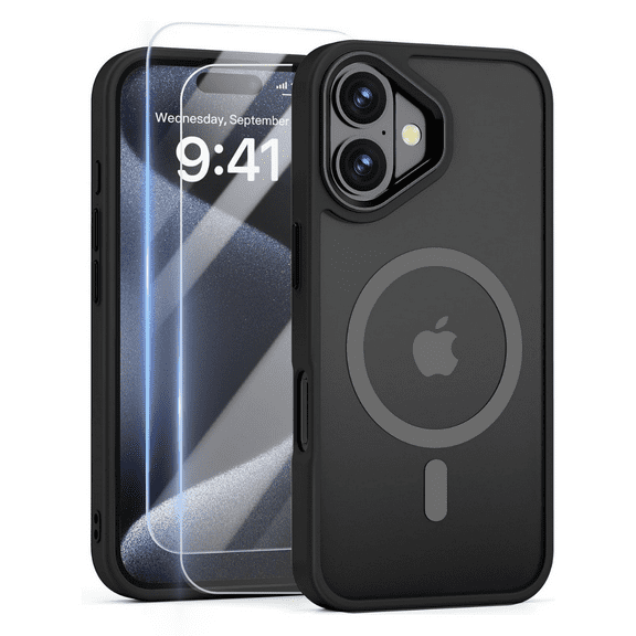 3-in-1 Entronix Bundle for iPhone 16, Magnetic Sturdy Matte Case 2 Screen Protector, Black
