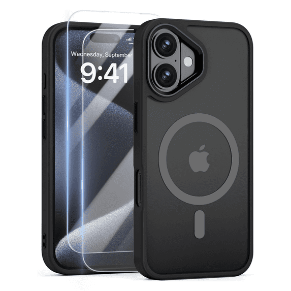 Entronix 3-in-1 Magnetic Matte Case Compatible with iPhone 16 with Screen Protector, Black