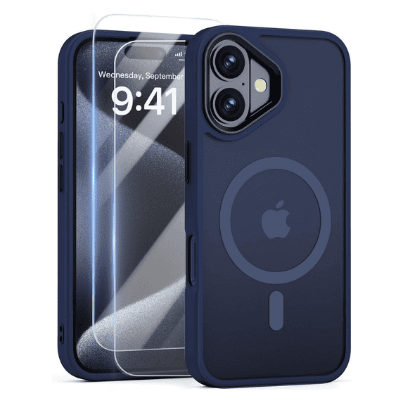 Entronix 3-in-1 Magnetic Matte Case Compatible with iPhone 16 with Screen Protector, Navy Blue