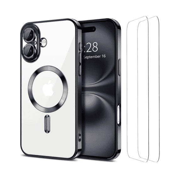 Entronix 3-in-1 Magnetic Shiny Clear Case Compatible with iPhone 16 Plus with Screen Protector, Black