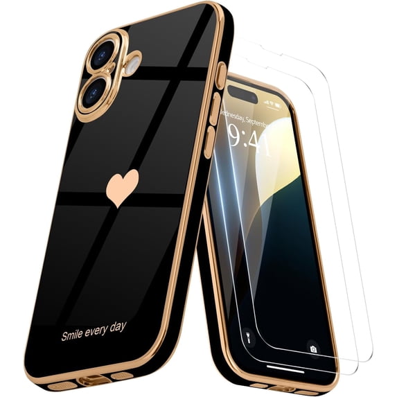 Entronix 3-in-1 Love Heart Case Compatible with iPhone 16 Plus with Screen Protector, Black