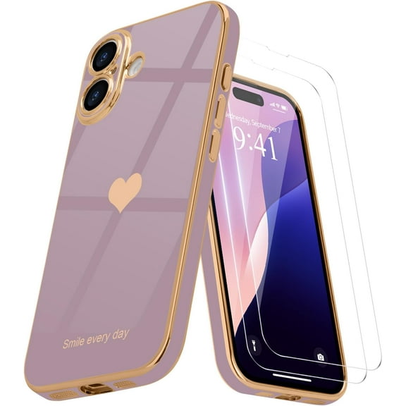 3-in-1 Entronix Bundle for iPhone 16 Plus, Love Heart Cute Slim Case 2 Screen Protector, Purple