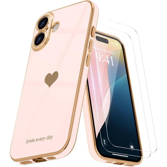 3-in-1 Entronix Bundle for iPhone 16 Plus, Love Heart Cute Slim Case 2 Screen Protector, Rose