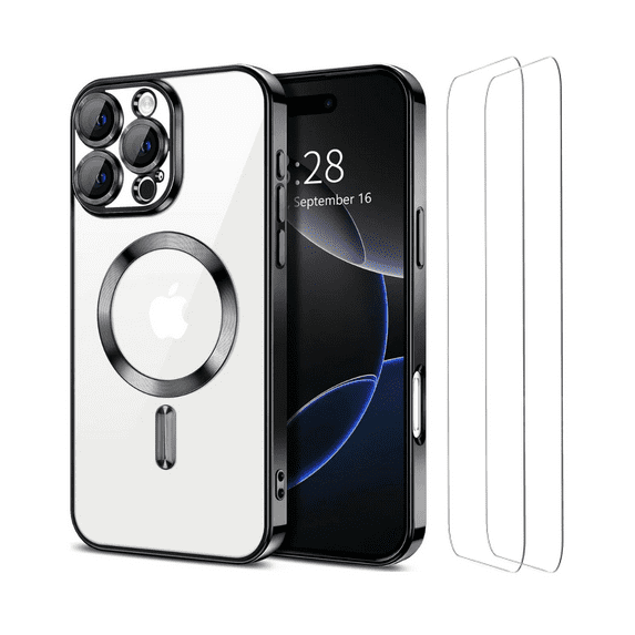 3-in-1 Entronix Bundle for iPhone 16 Pro, Glossy Magnetic Clear Case 2 Screen Protector, Black