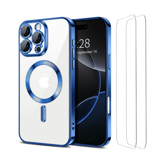 3-in-1 Entronix Bundle for iPhone 16 Pro, Glossy Magnetic Clear Case 2 Screen Protector, Blue