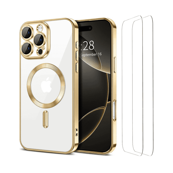 Entronix 3-in-1 Magnetic Shiny Clear Case Compatible with iPhone 16 Pro with Screen Protector, Gold