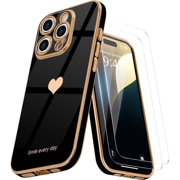 Entronix 3-in-1 Love Heart Case Compatible with iPhone 16 Pro with Screen Protector, Black