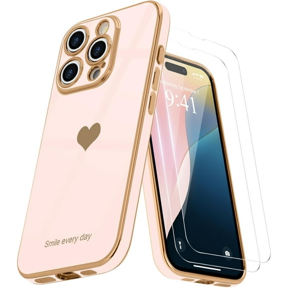 3-in-1 Entronix Bundle for iPhone 16 Pro, Love Heart Cute Slim Case 2 Screen Protector, Rose