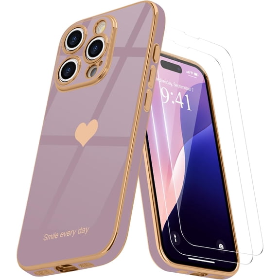 3-in-1 Entronix Bundle for iPhone 16 Pro Max, Love Heart Cute Slim Case 2 Screen Protector, Purple