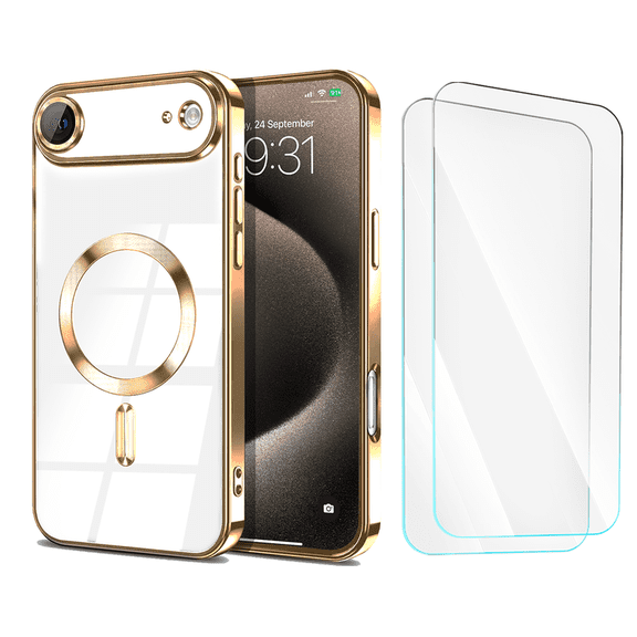3-in-1 Entronix Bundle for iPhone 17 Air, Glossy Magnetic Clear Case 2 Screen Protector, Gold