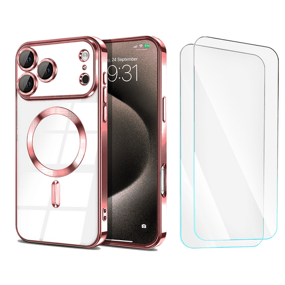 3-in-1 Entronix Bundle for iPhone 17 Pro, Glossy Magnetic Clear Case 2 Screen Protector, Rose
