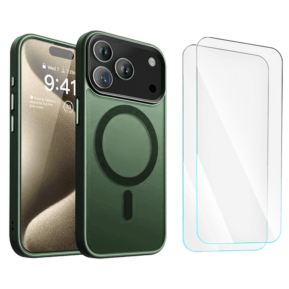 3-in-1 Entronix Bundle for iPhone 17 Pro Max, Magnetic Sturdy Matte Case 2 Screen Protector, Green