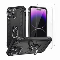 3-in-1 Entronix Heavy Duty Case Bundle for iPhone 16 Pro, Shockproof Rugged Cover with Rotating Holder Ring and 2 Clear Tempered Glass Screen Protectors, Black