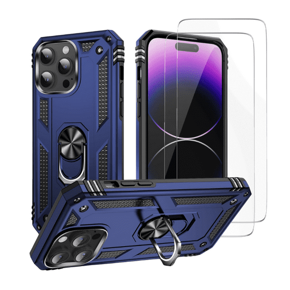 3-in-1 Entronix Heavy Duty Case Bundle for iPhone 16 Pro, Shockproof Rugged Cover with Rotating Holder Ring and 2 Clear Tempered Glass Screen Protectors, Navy
