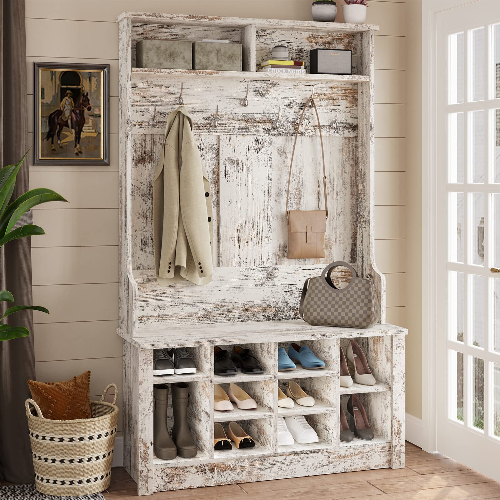 3 in 1 Entryway Bench with Coat Rack Hall Tree with Storage Bench Rustic White