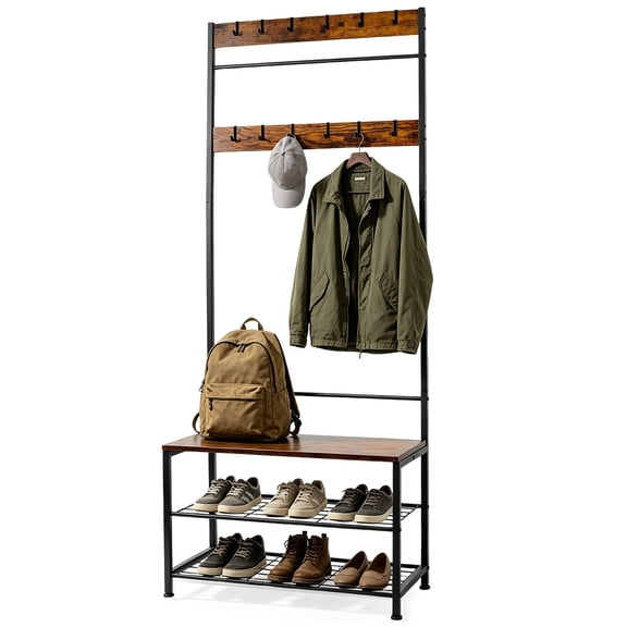 3 in 1 Entryway Bench with Shoe Storage and Coat Rack Hall Tree for Small Space Industrial Rustic Brown Black Steel Frame 9 Hooks Anti Tip Kit